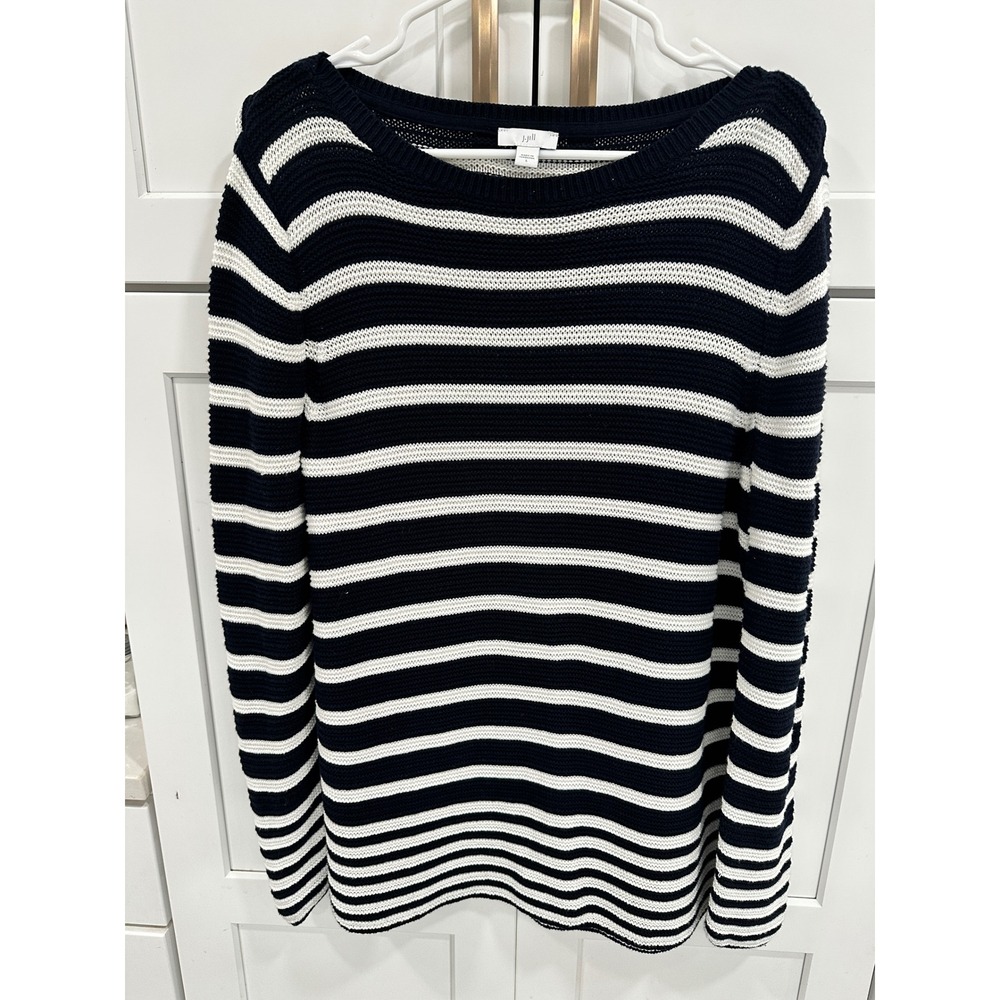 J. Jill Women Navy White Striped Textured‎ Knit Cotton Blend Sweater Large